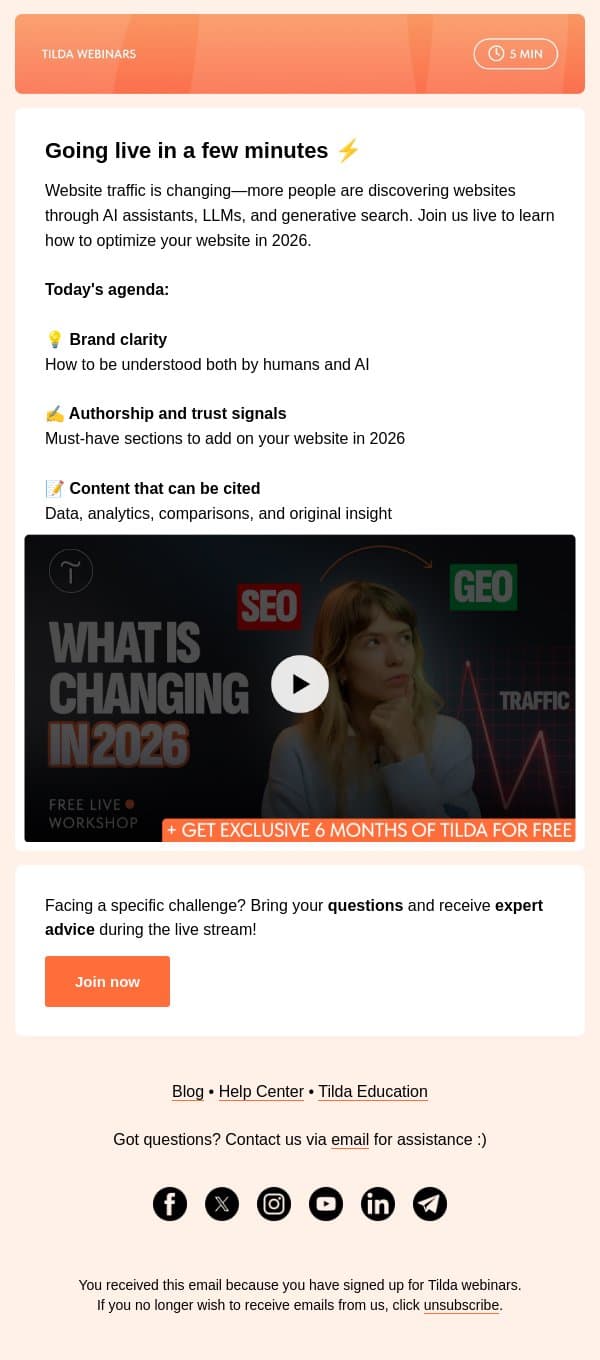 Going live in a few minutes ⚡ email from Tilda screenshot