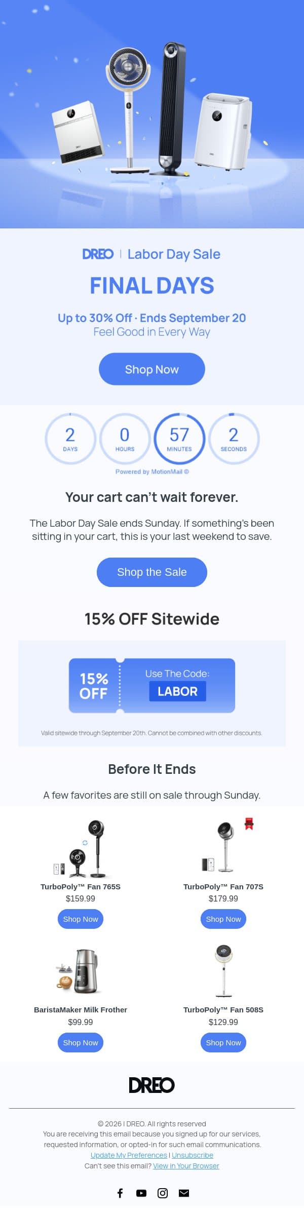 DREO | ⏳ Last Call for Labor Day Savings email from Tineco screenshot