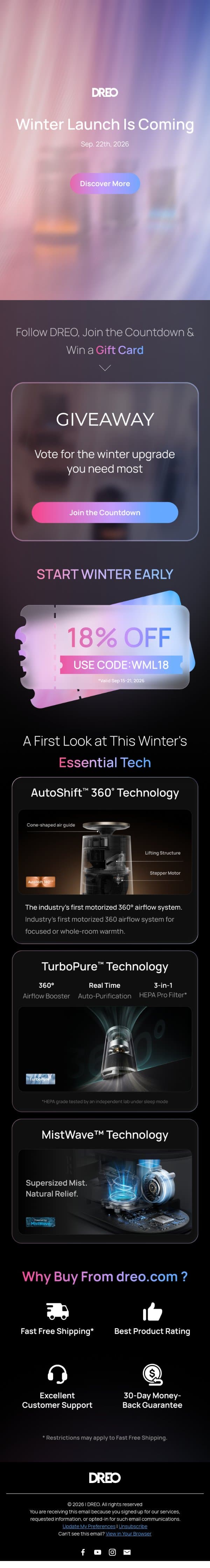 DREO Winter Launch - Status: Incoming! email from Tineco screenshot