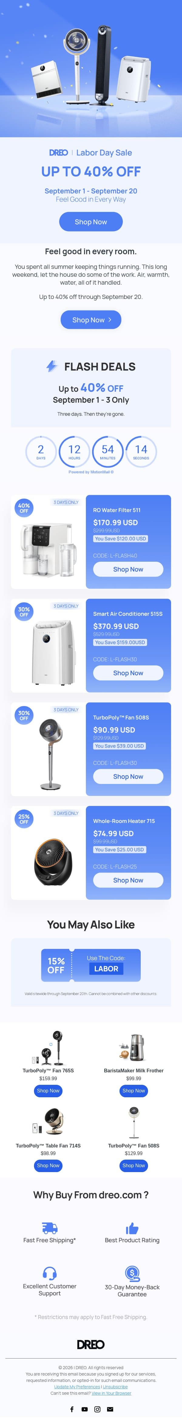 DREO | Labor Day Sale: Up to 40% OFF email from Tineco screenshot