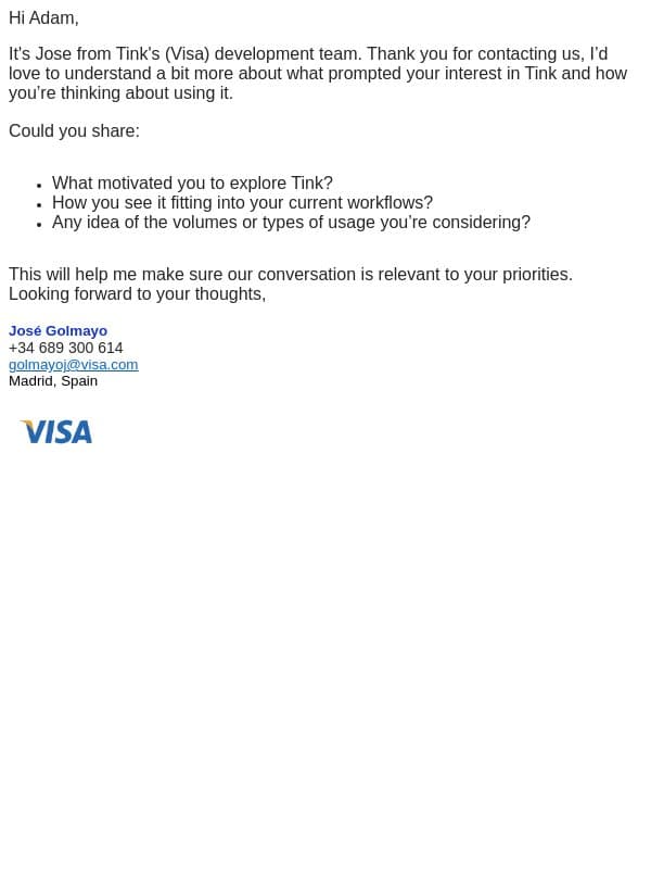 Your Tink request email from Tink screenshot