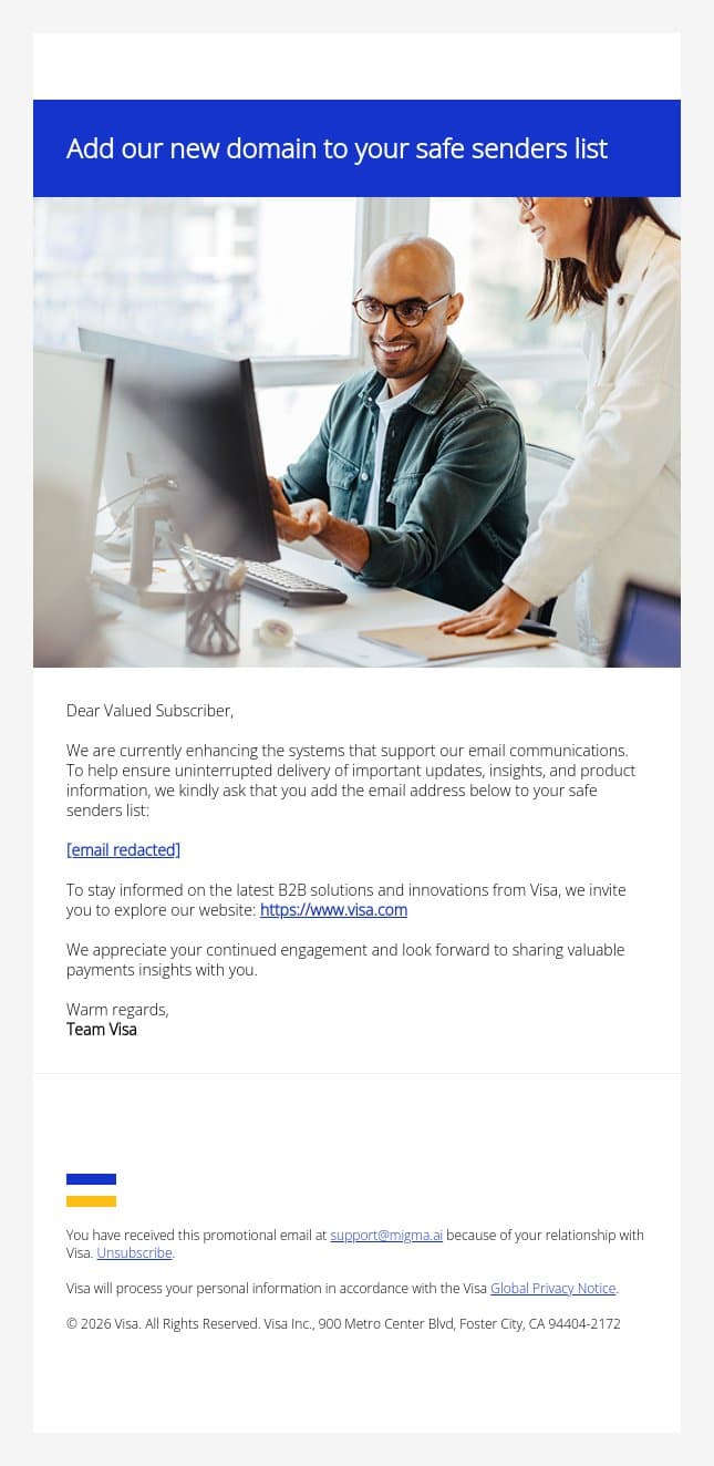 Action Required to Help Ensure Continued Delivery of Visa Communications email from Tink screenshot
