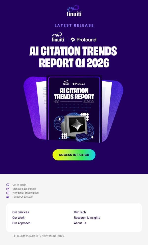 New from Tinuiti: AI Citation Trends Report Q1 2026 email from Tinuiti screenshot