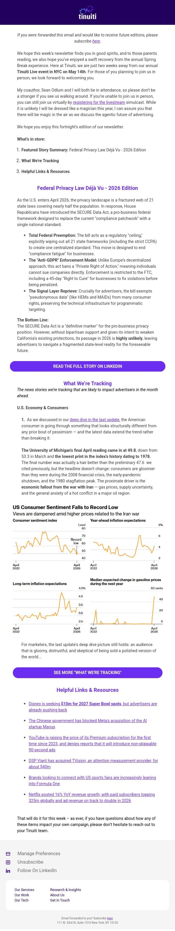 Paid Media Newsletter - 4/30/26: Federal Privacy Law Déjà Vu email from Tinuiti screenshot