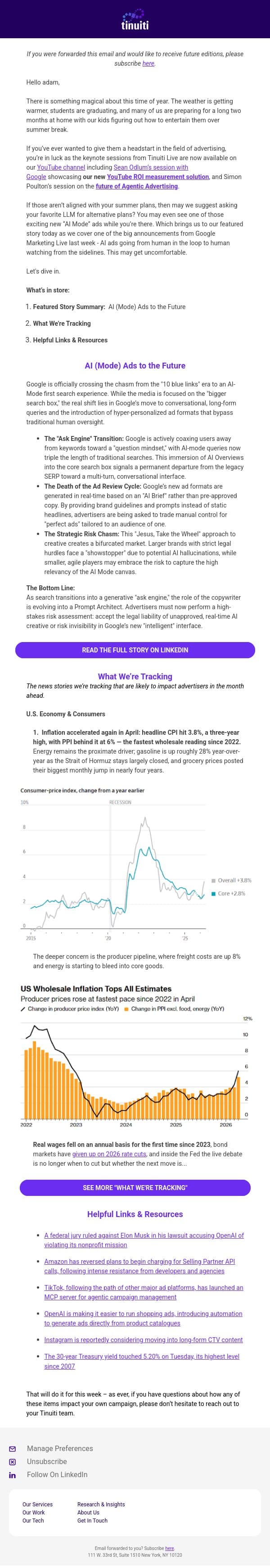 Paid Media Newsletter - 5/28/26: AI (Mode) Ads to the Future email from Tinuiti screenshot