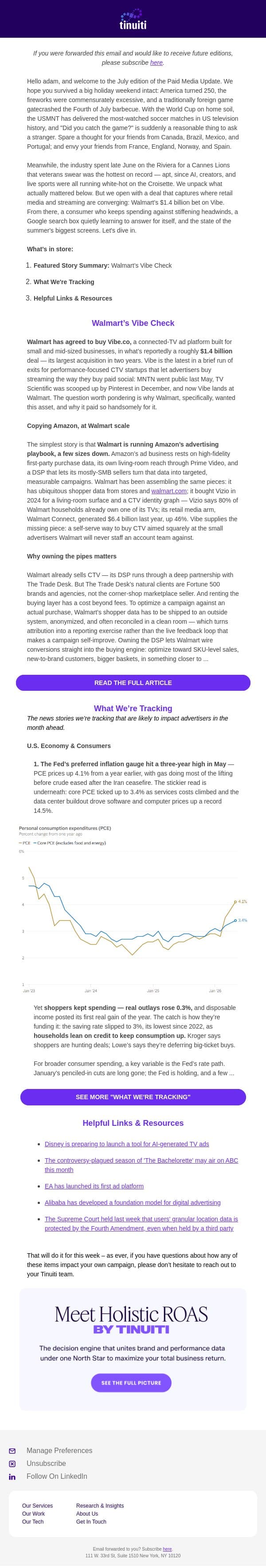 Paid Media Newsletter - 7/9/26: Walmart’s Vibe Check email from Tinuiti screenshot