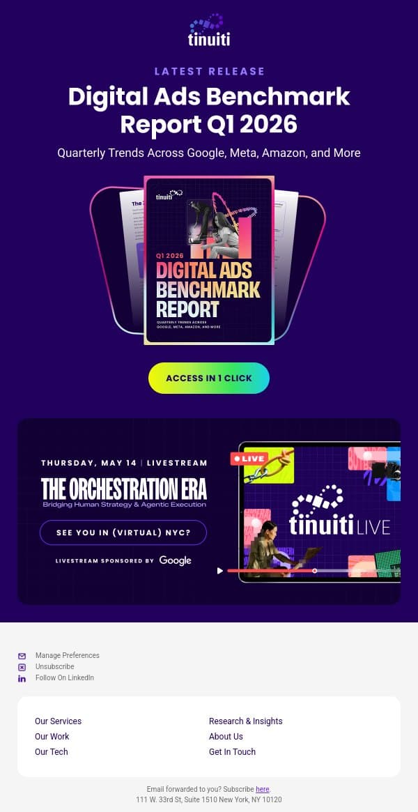 In case you missed it: Tinuiti's Q1 2026 Digital Ads Benchmark Report email from Tinuiti screenshot