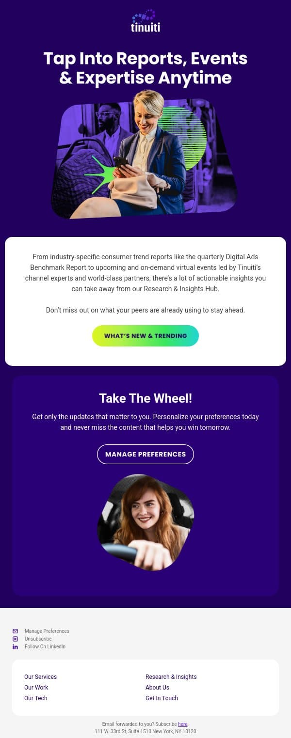 Research That Powers Growth, Not Guessing. email from Tinuiti screenshot