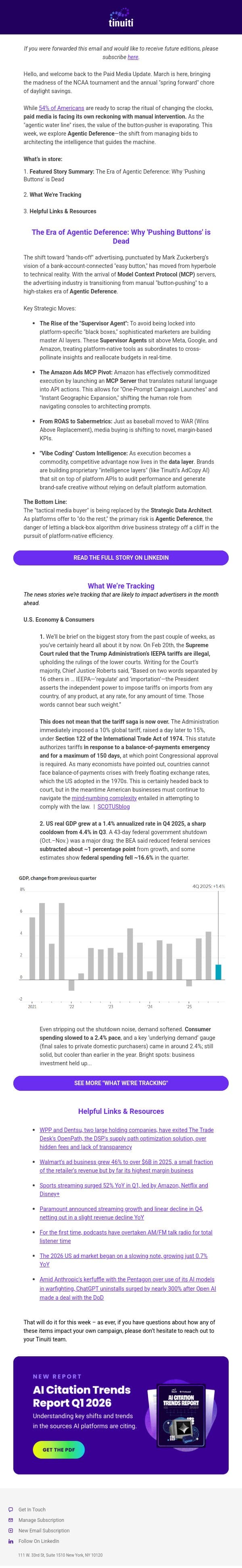 Paid Media Newsletter - 3/5/26: The Era of Agentic Deference: Why 'Pushing Buttons' is Dead email from Tinuiti screenshot