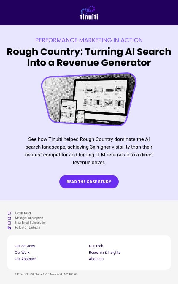 Driving Results: A look a Tinuiti recent client success story email from Tinuiti screenshot