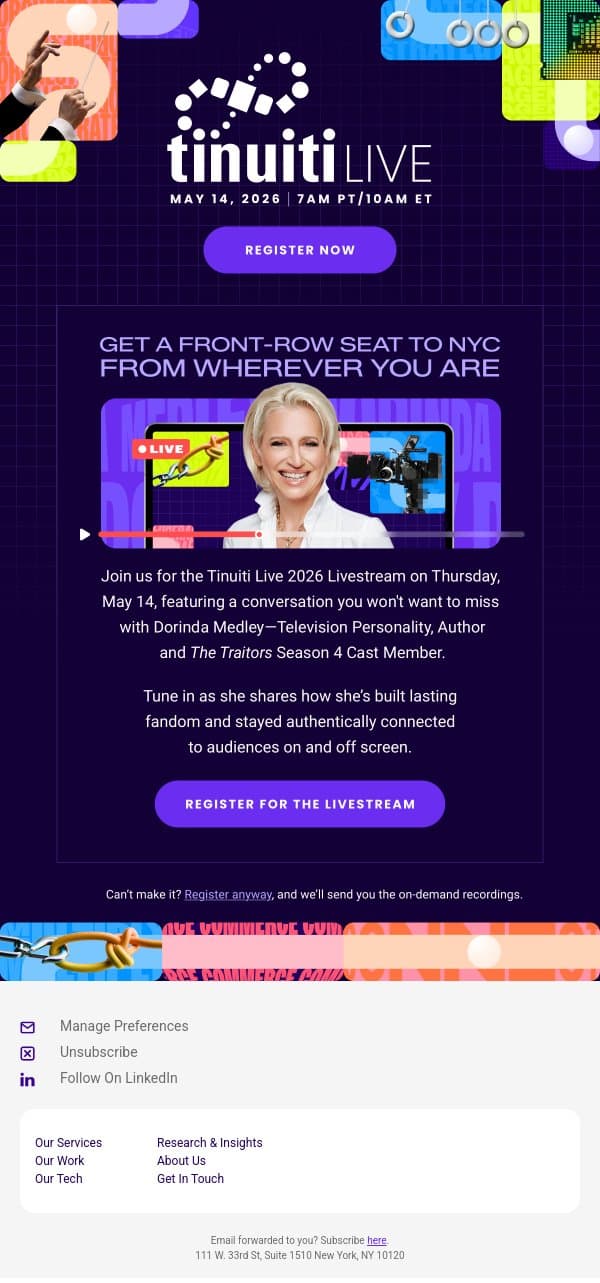Dorinda Medley is going live at Tinuiti Live 2026 email from Tinuiti screenshot