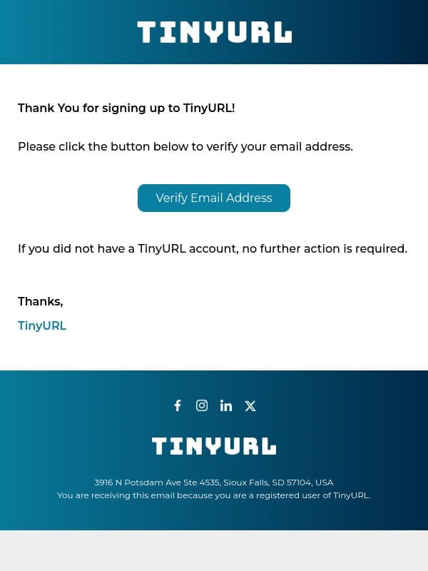 Verify Email Address email from TinyURL screenshot