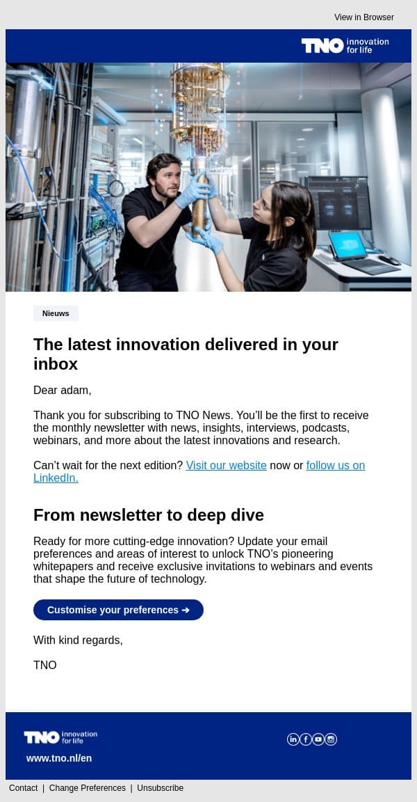 You’re now receiving the TNO Newsletter email from TNO screenshot