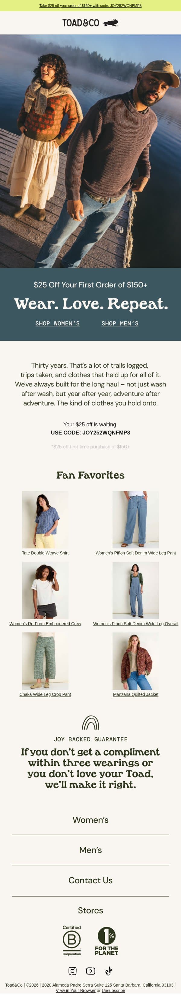 $25 Off To Try Clothes That Feel Great email from Toad&Co screenshot