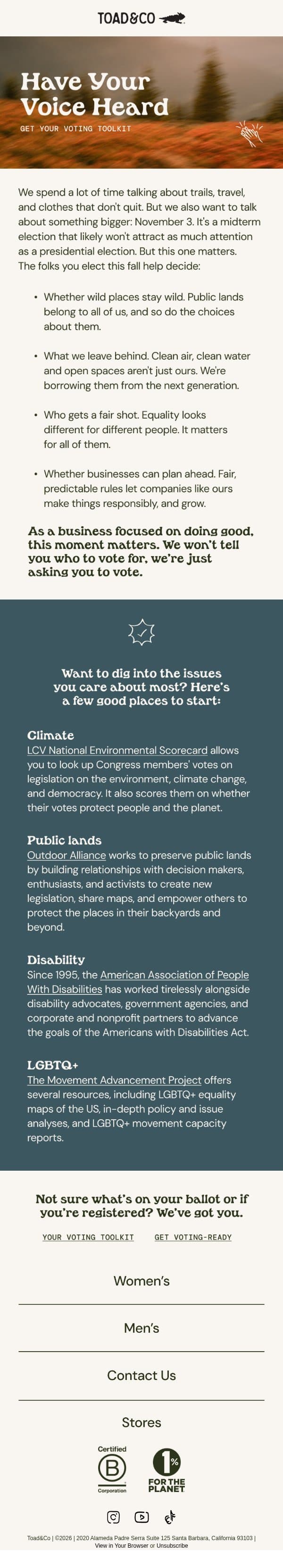 Why Your Vote Matters email from Toad&Co screenshot