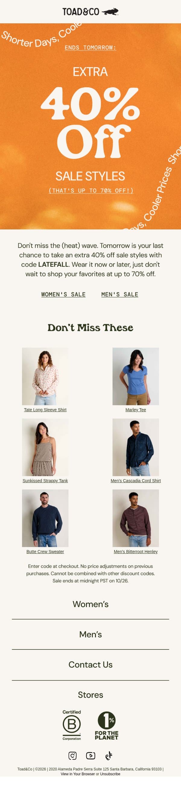 Last Call: Extra 40% Off Sale email from Toad&Co screenshot