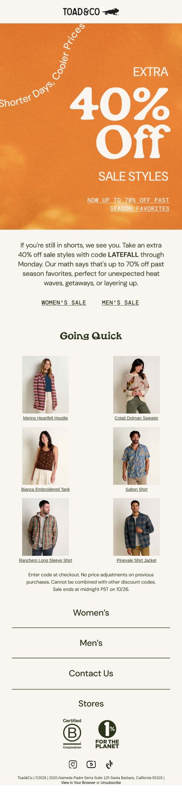 ICYMI: Extra 40% Off Sale Styles email from Toad&Co screenshot