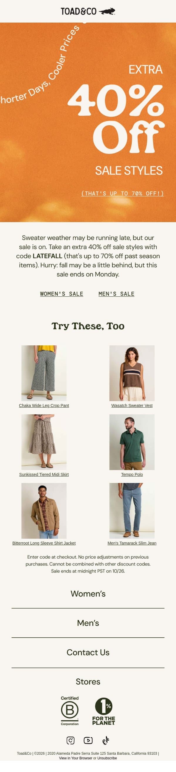 Extra 40% Off Sale Starts Now email from Toad&Co screenshot