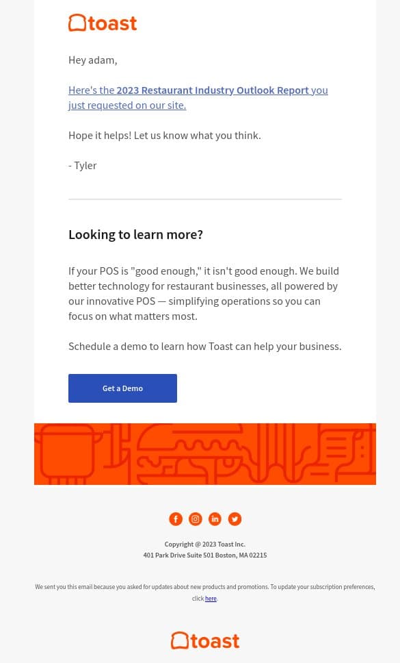 Here's the '2023 Restaurant Industry Outlook Report' you requested email from Toast screenshot