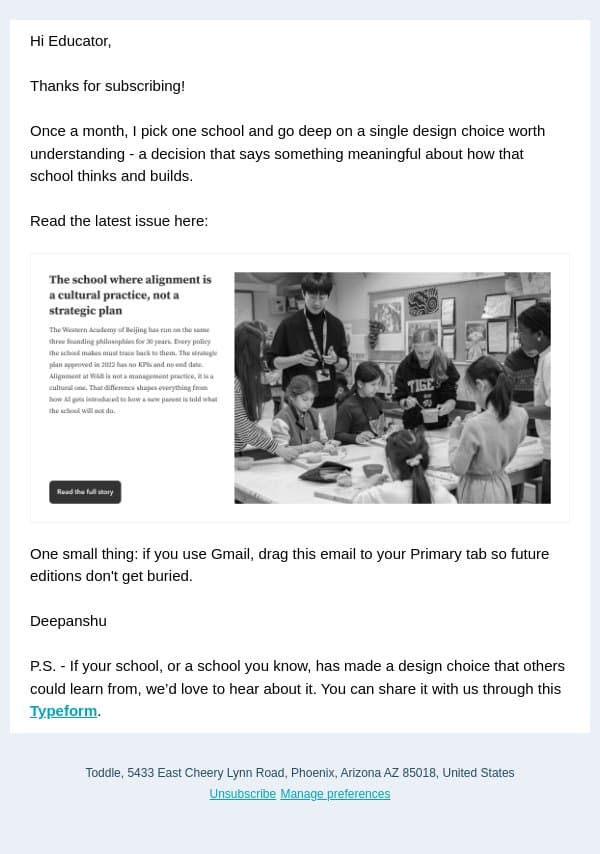 Welcome to Inside Schools email from Toddle screenshot