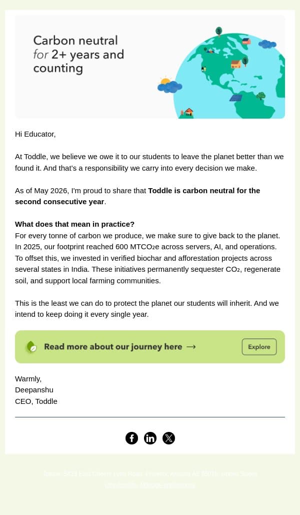 Toddle stays carbon neutral for a second year 🌱 email from Toddle screenshot