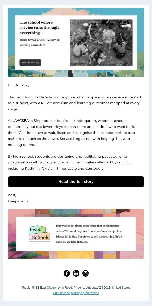 The school where service runs through everything email from Toddle screenshot