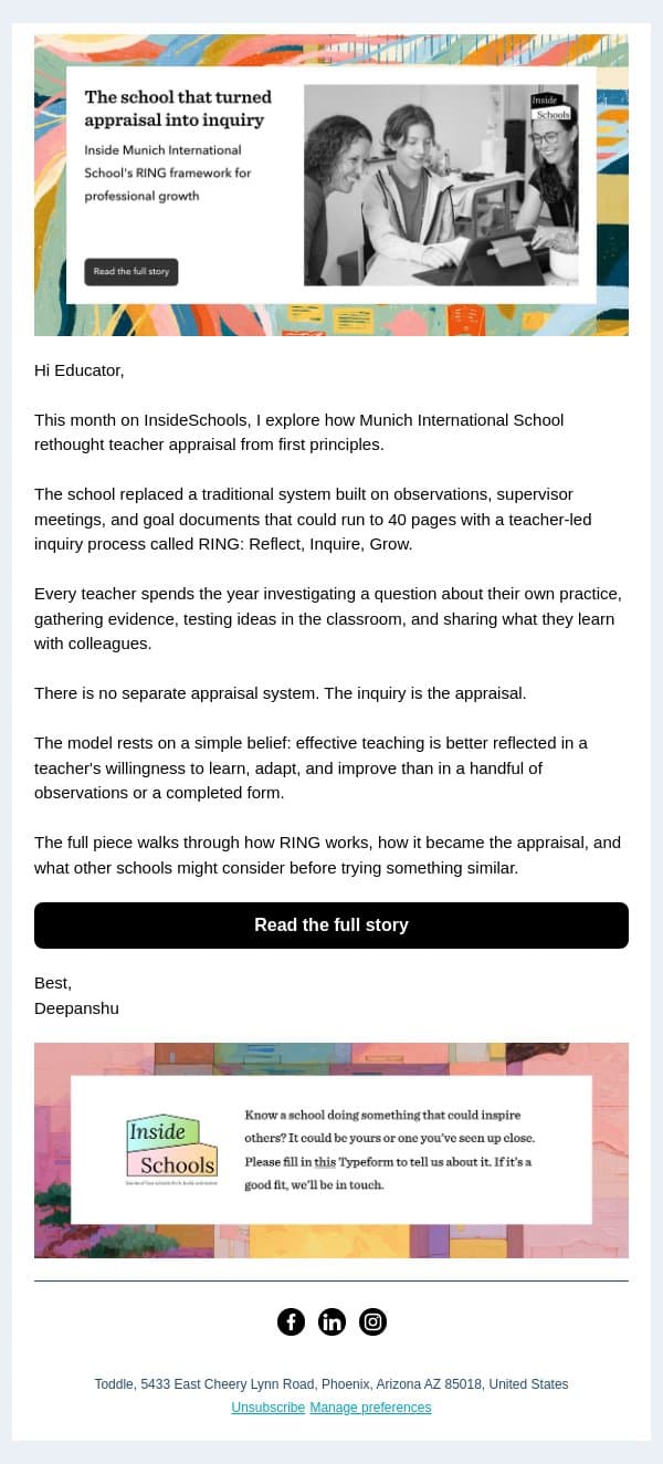 The school that turned appraisal into inquiry email from Toddle screenshot