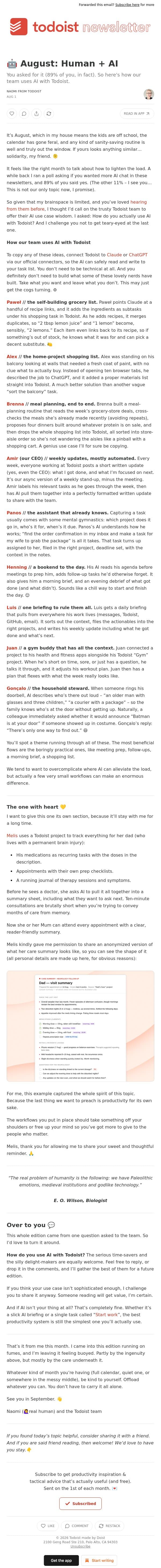 🤖 August: Human + AI email from Todoist screenshot