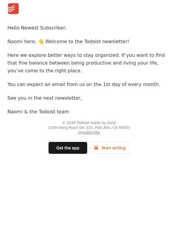 Welcome to Todoist Newsletter email from Todoist screenshot
