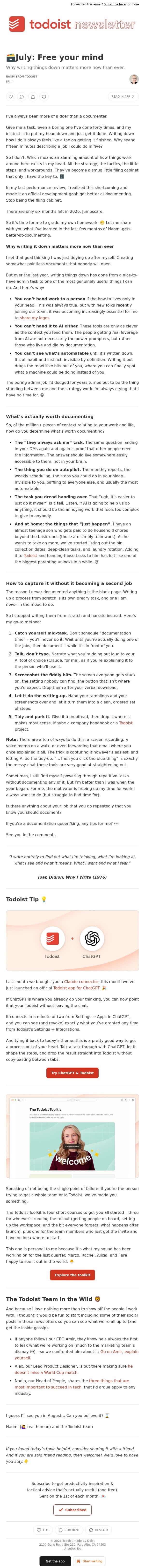 🗃️July: Free your mind email from Todoist screenshot