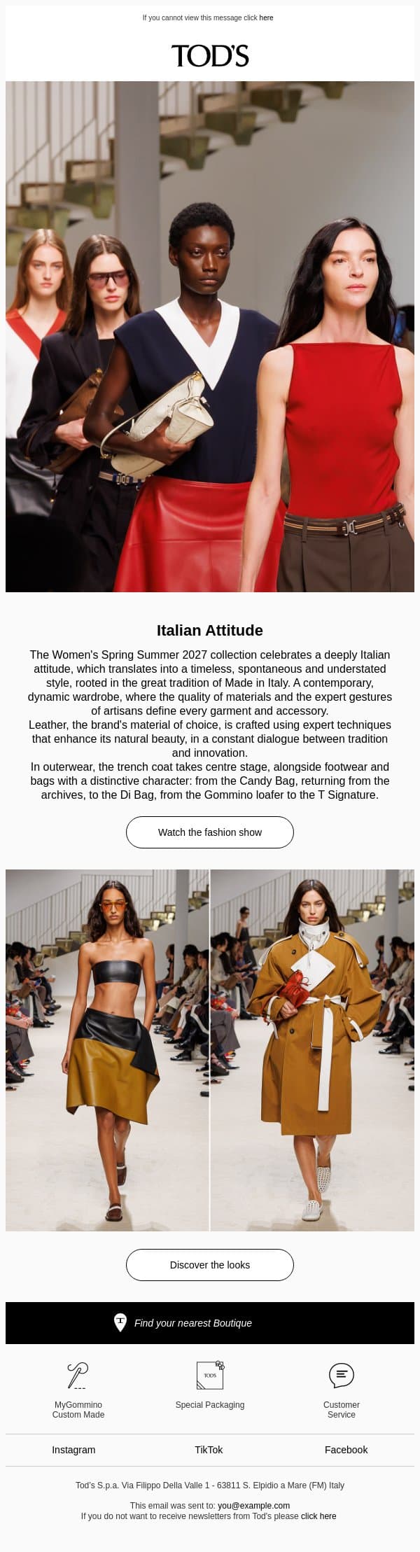 Discover the Women's Spring Summer 2027 fashion show email from Tod's screenshot