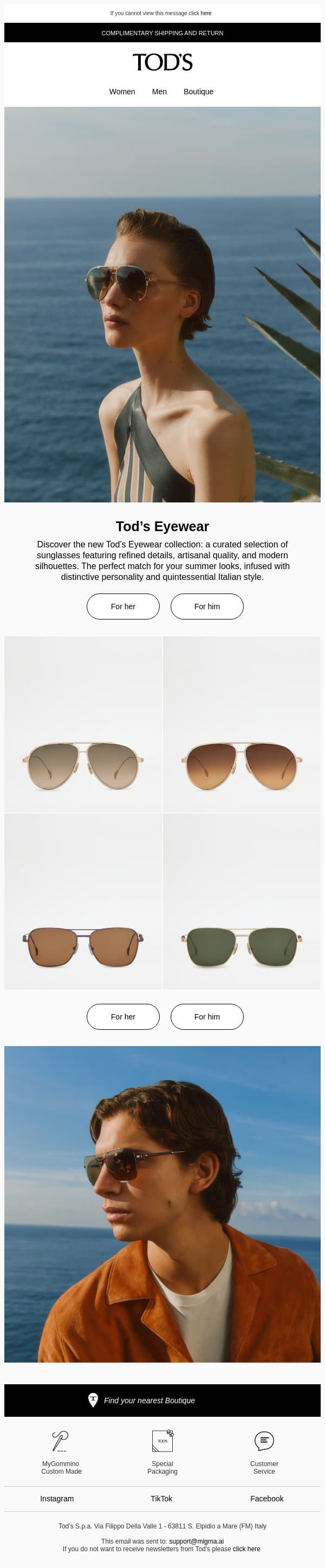 The New Tod’s Eyewear collection email from Tod's screenshot