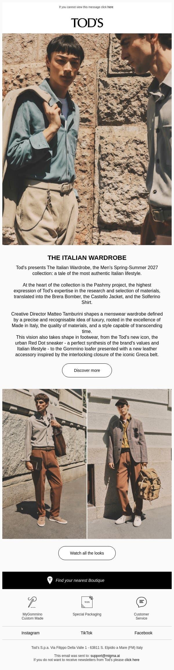 THE ITALIAN WARDROBE, the Spring - Summer 2027 Men's collection email from Tod's screenshot