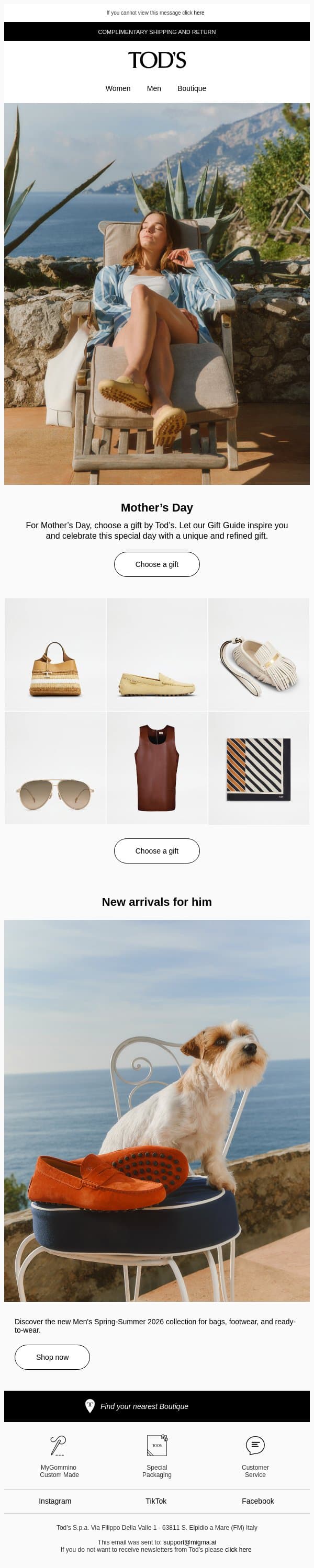 Tod’s gift Ideas for Mother’s Day email from Tod's screenshot