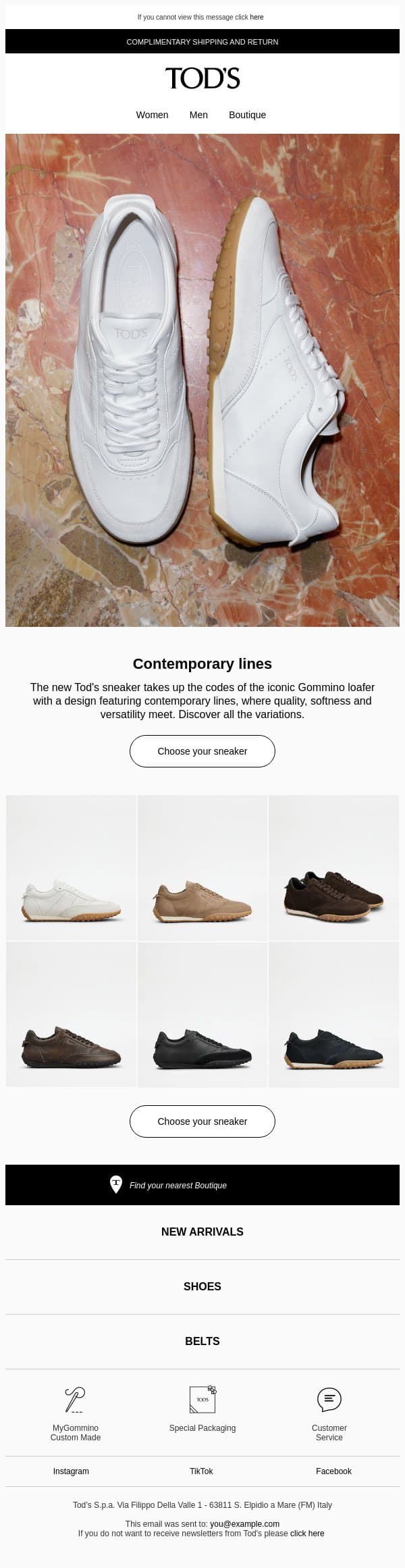 Tod’s sneakers: the new model email from Tod's screenshot