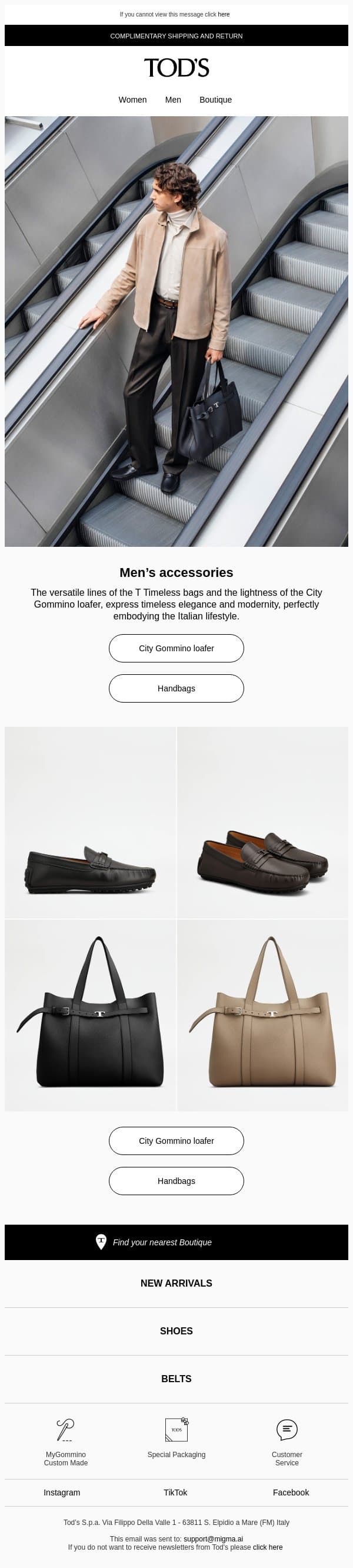 Contemporary spirit email from Tod's screenshot