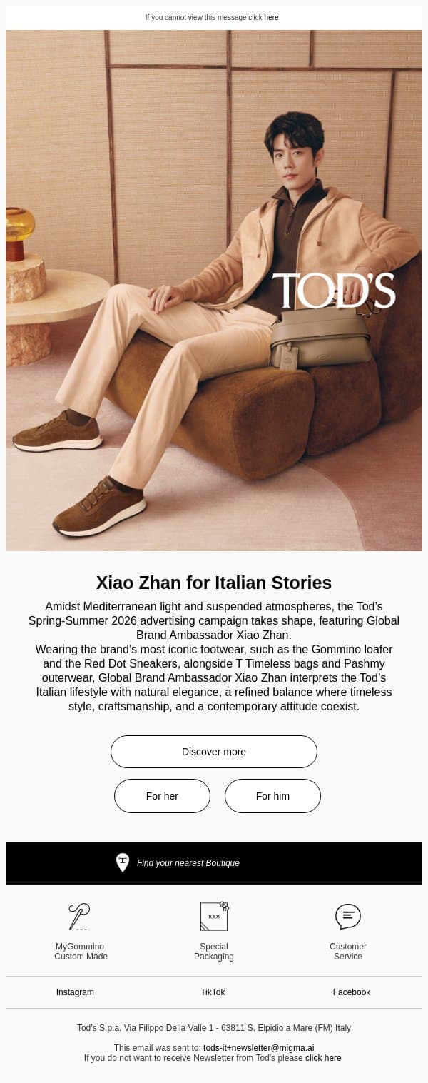 Xiao Zhan stars in the Italian Stories campaign email from Tod's screenshot