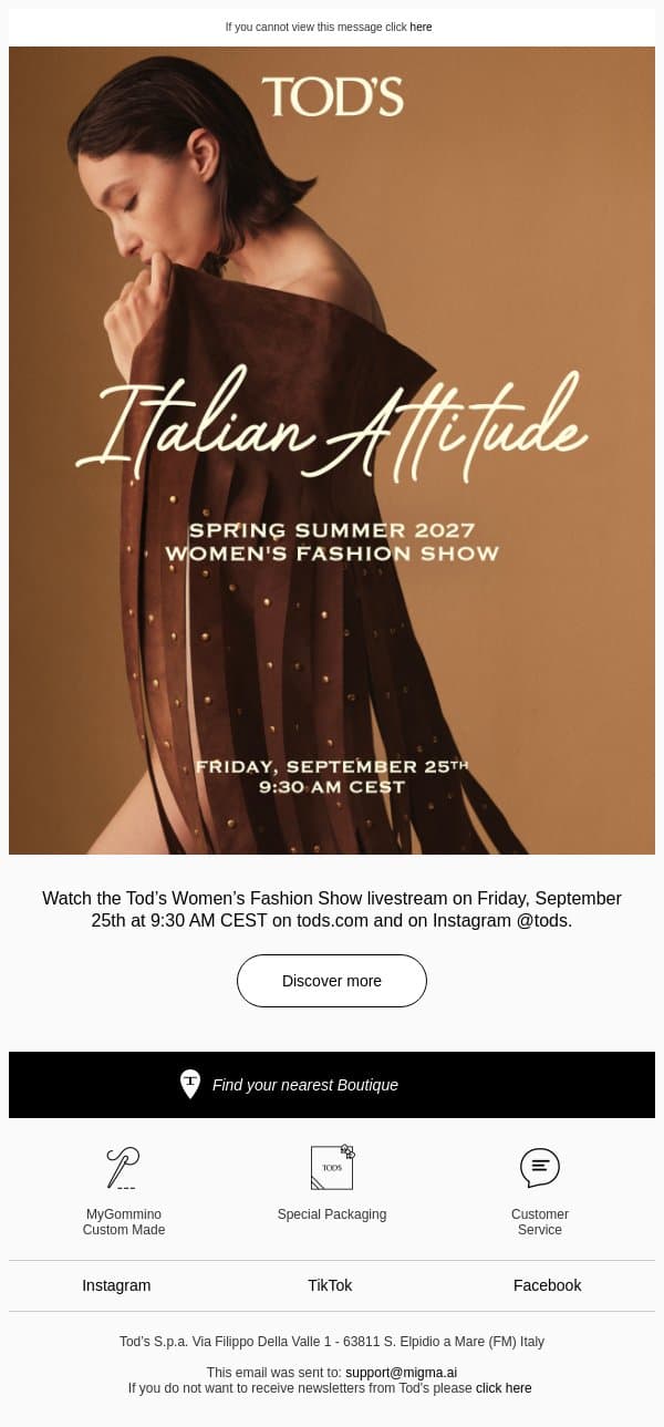 Save the Date: Tod's Spring Summer 2027 Women's Fashion Show email from Tod's screenshot