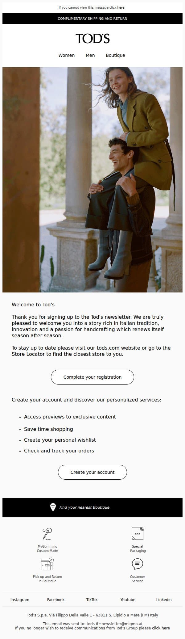 Welcome to Tod's email from Tod's screenshot