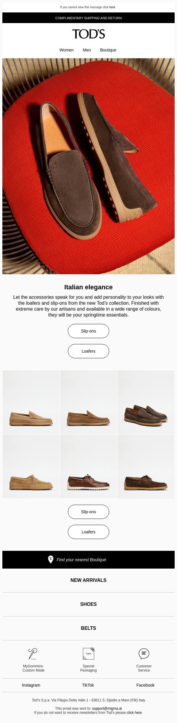 Footwear as the protagonist of the season email from Tod's screenshot