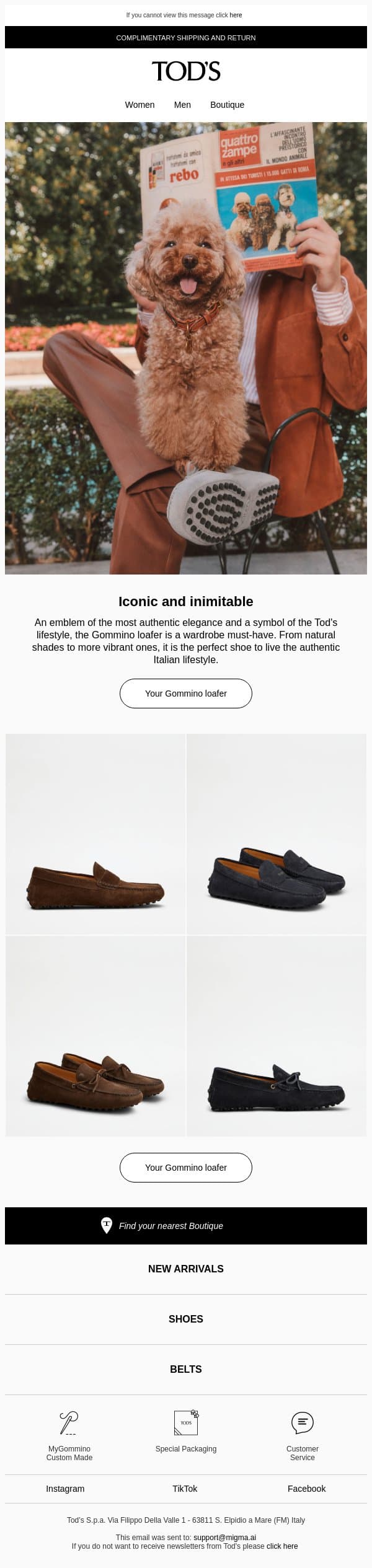 Gommino loafer: iconic and inimitable email from Tod's screenshot