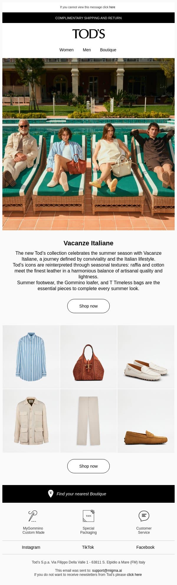 Tod's presents "Vacanze Italiane" email from Tod's screenshot