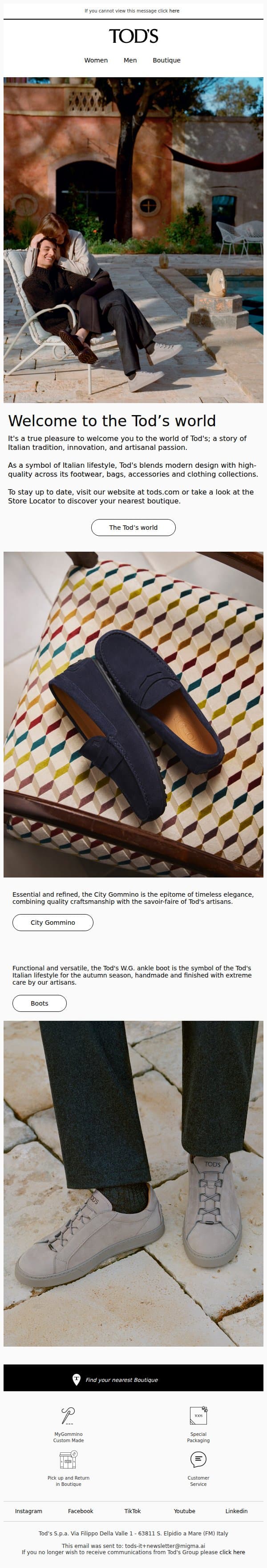 Welcome to the Tod’s world email from Tod's screenshot