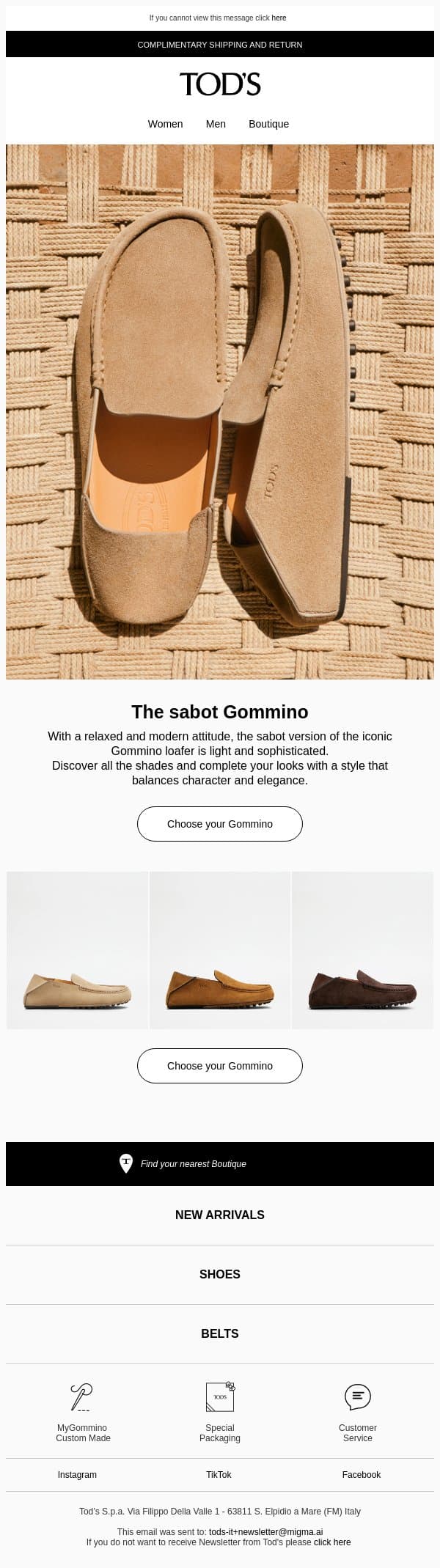 Gommino loafer: the sabot email from Tod's screenshot
