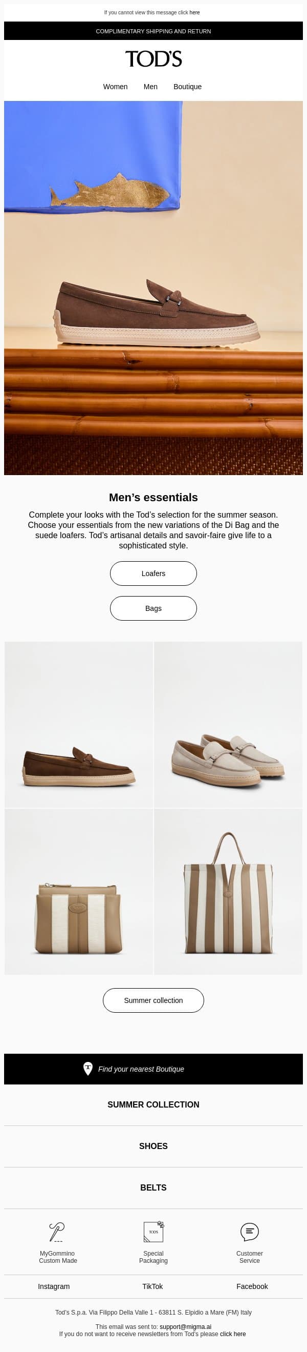 Men’s Summer essentials email from Tod's screenshot