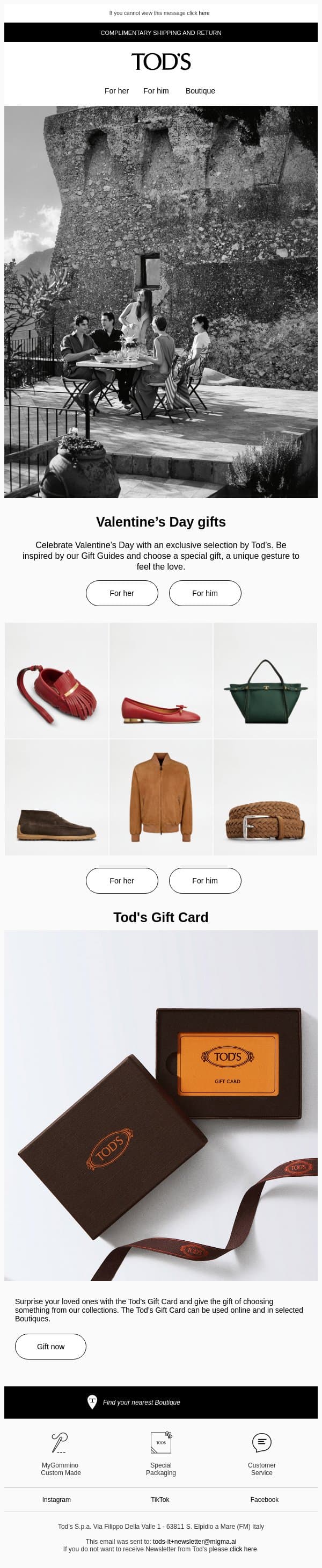 Choose a Tod’s gift for Valentine’s Day email from Tod's screenshot
