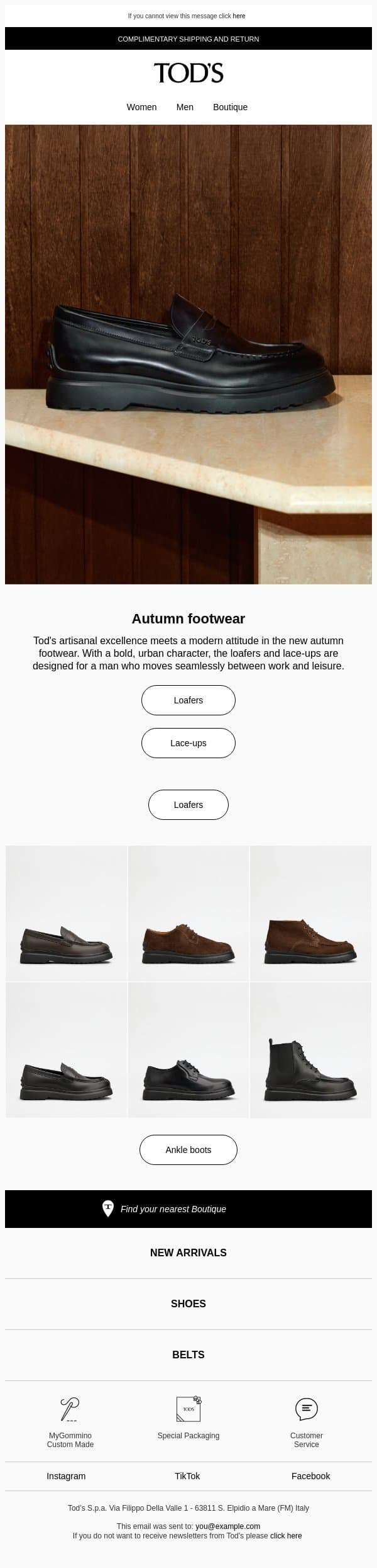 Autumn footwear: the Tod's selection email from Tod's screenshot