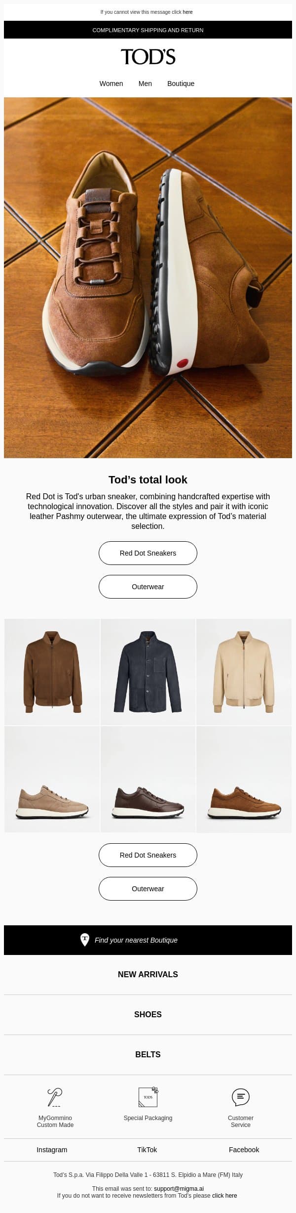 Tod’s total look email from Tod's screenshot
