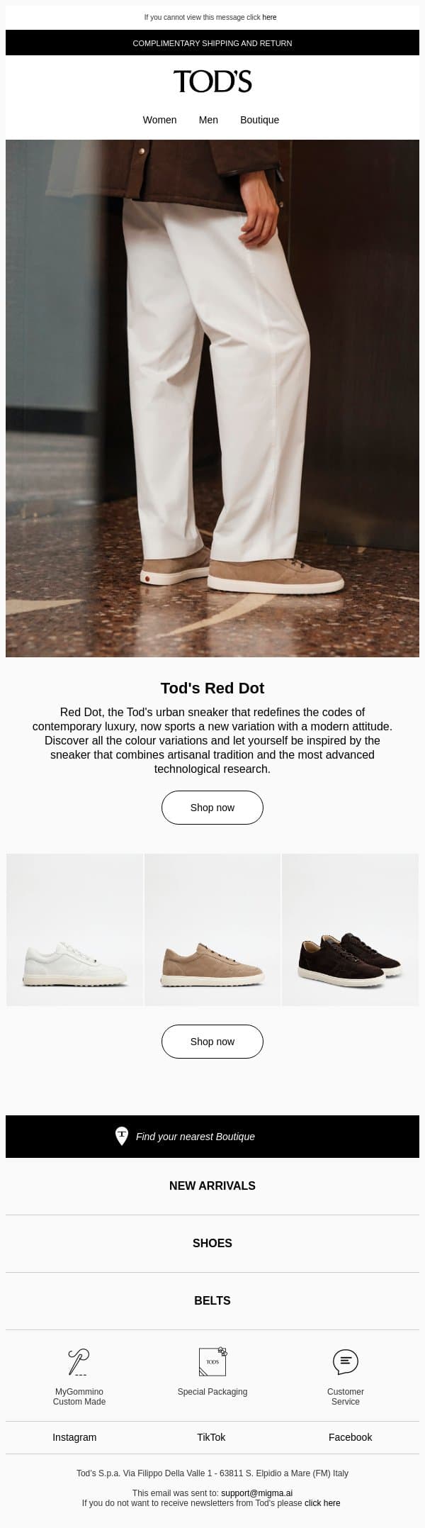 Choose your Red Dot sneaker email from Tod's screenshot