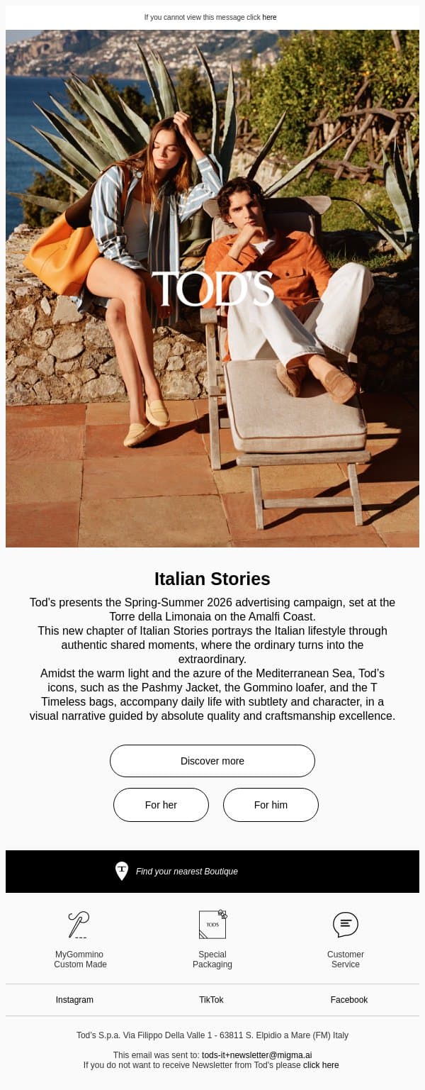 Tod’s presents the Spring-Summer 2026 campaign email from Tod's screenshot